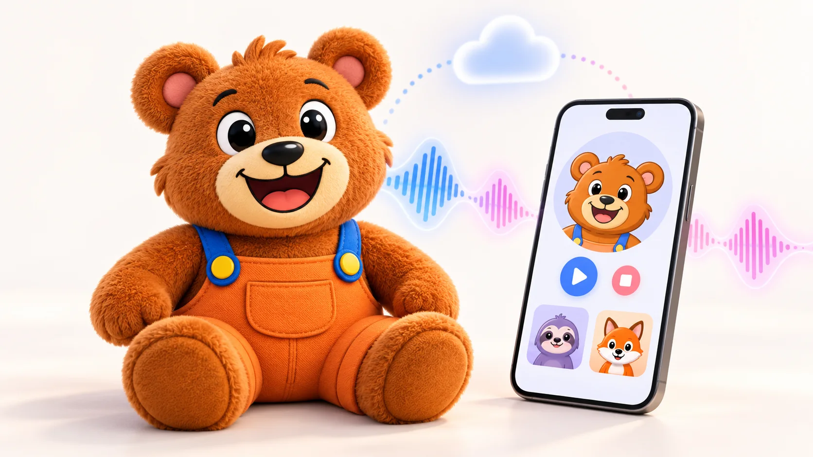 Product illustration of Bearie beside a companion phone with character discovery and conversation controls.