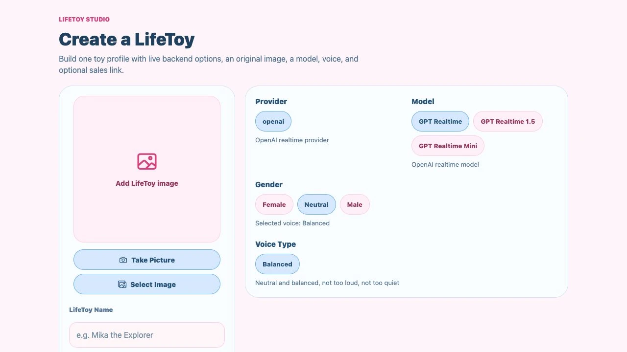 Aktueller Bildschirm zur Charaktererstellung in LifeToy Studio